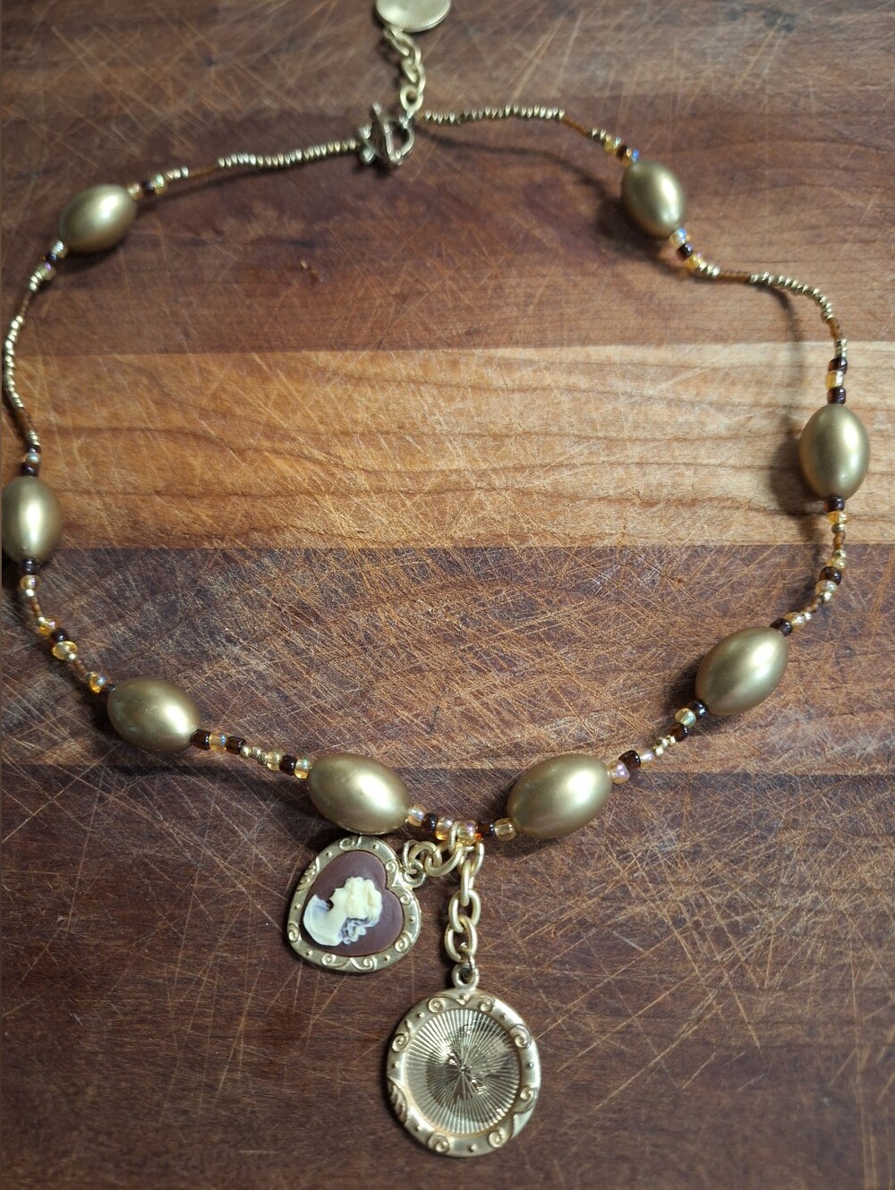 Gold Toned Beaded Cameo Necklace with Charm Pendant Victorian Inspired